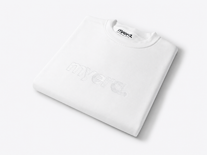 A folded white crewneck sweatshirt with a subtle tonal 'myera.' logo embroidery on the front, displayed on a clean white background.