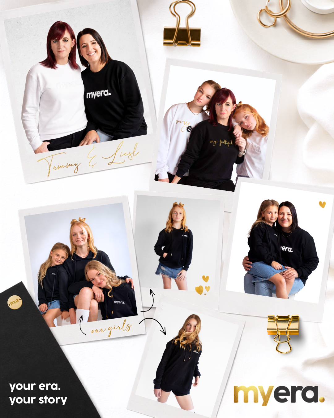 A styled flat-lay collage of multiple Polaroid-style photos showing women wearing black and white Myera sweatshirts crewnecks, with gold binder clips and a white surface in the background. The Myera brand name appears on the sweatshirts and in the bottom right corner. hoodies with embroidery.